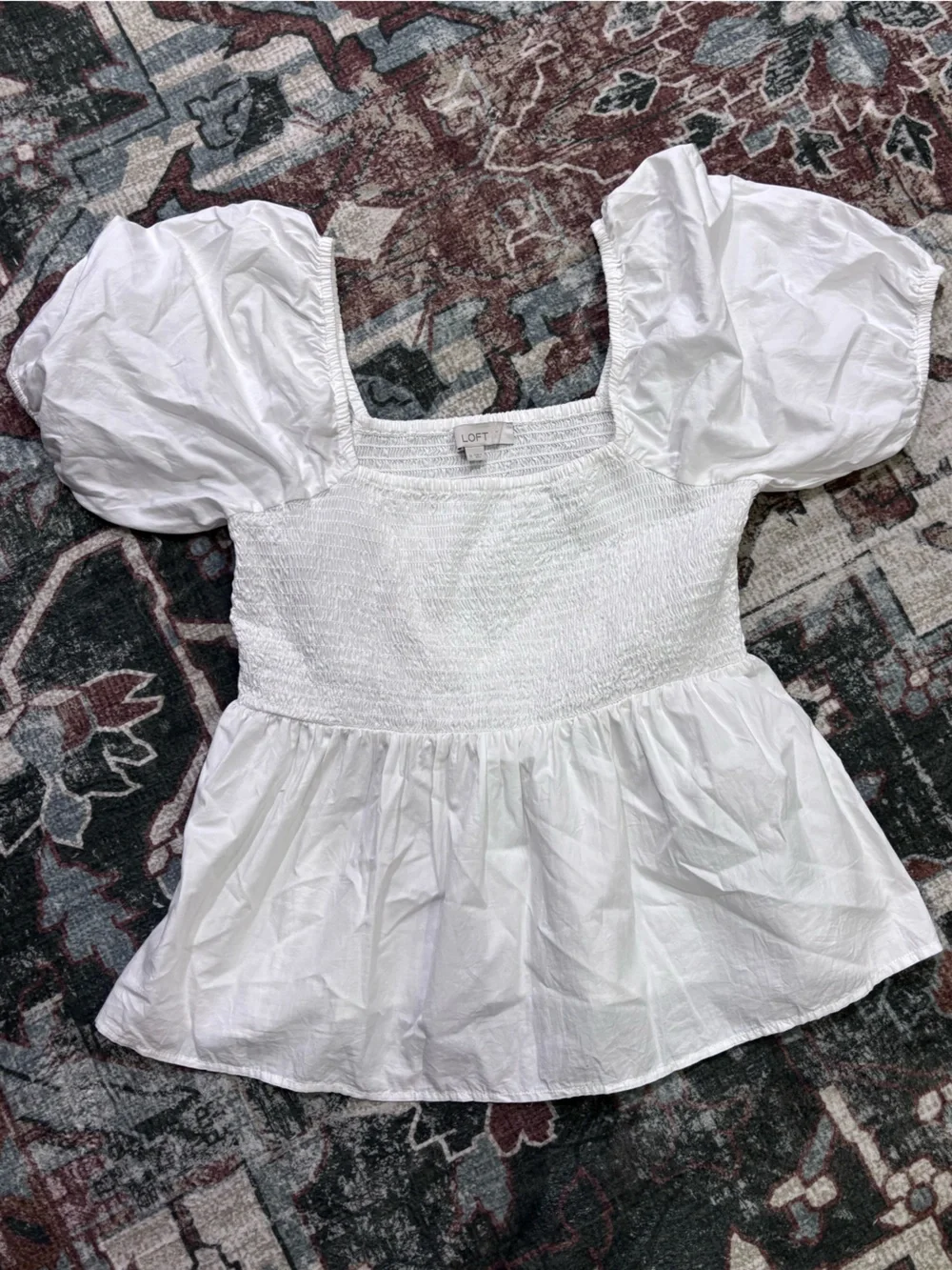 LOFT White Smocked Puff-Sleeve Blouse